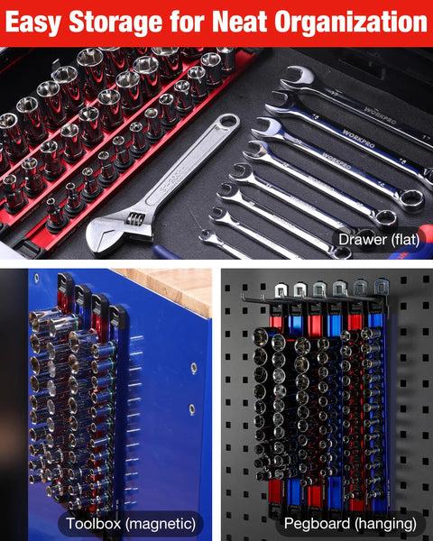 Deadset Reliable Magnetic Socket Organizer Slick Push Button Sliding Rail For Super Tight Toolbox Storage Quick Add Remove Clips Rapid Swap Three Eighths Drive Ratchet Tools displayed in drawer, magnetic toolbox, and pegboard.