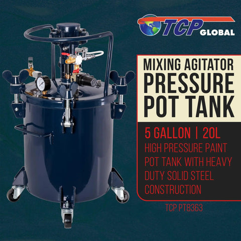 Heavy Duty Steel Spray Paint Pressure Pot With Adjustable Gauge And Regulator For Auto Body Detailing Pro Level Performance with 5-gallon capacity.