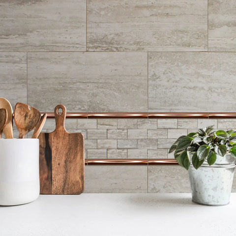 Copper Bullnose Tile Edge Trim 3/4 X 12 Inch Decorative Border For Shower And Kitchen Backsplash in modern kitchen setting