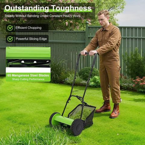 Push Reel Lawn Mower With Five Steel Blades, Walk-Behind Manual Grass Cutter, 11.8 Inch Cutting Width, Adjustable Height From 0.47 To 1.77 Inches, Removable Grass Bag For Easy Yard And Garden Cleanup, used on a lawn