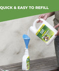 Person refilling bottle from larger container labeled 'Pet Odor Eliminator Spray For Dogs With Natural Enzymes That Kicks Urine, Stool And Vomit Odors At The Source On Grass, Artificial Turf, Concrete Or Brick, Ideal For Patios, 32 Oz Hose End Sprayer' using a funnel