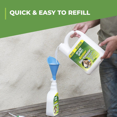 Person refilling bottle from larger container labeled 'Pet Odor Eliminator Spray For Dogs With Natural Enzymes That Kicks Urine, Stool And Vomit Odors At The Source On Grass, Artificial Turf, Concrete Or Brick, Ideal For Patios, 32 Oz Hose End Sprayer' using a funnel