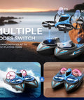 3 In 1 RC Drone Car Boat For Indoor And Outdoor Fun with Auto Hovering, 3D Flips, showcasing mode transitions on land and water