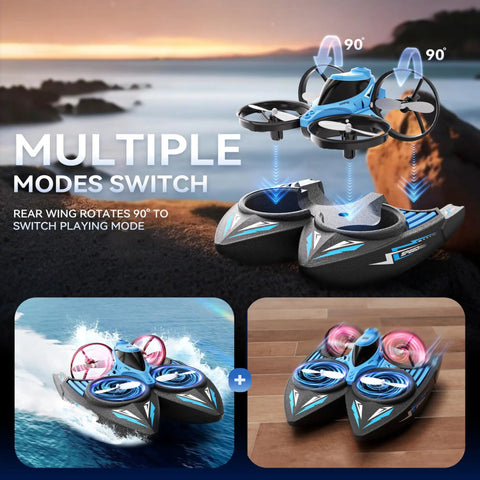 3 In 1 RC Drone Car Boat For Indoor And Outdoor Fun with Auto Hovering, 3D Flips, showcasing mode transitions on land and water