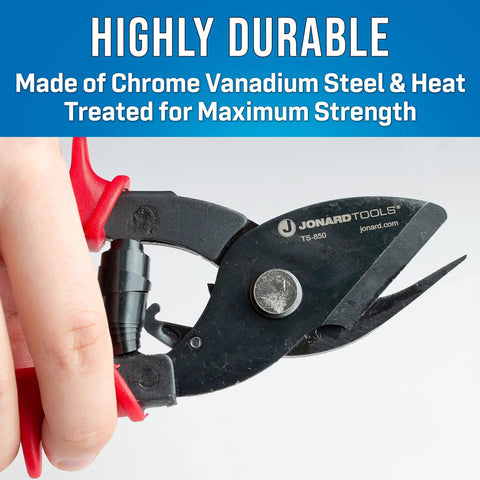 Tabbing Shear 8-1/2 Inch Pro Grade Tool with Ergonomic Grip Handles in hand, demonstrating precise ground blades and thin jaw design