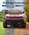 Front view of Licensed 24V Kids Ride On Truck Two Seater with rugged tires, showcasing 4-wheeler suspension on mixed terrain.