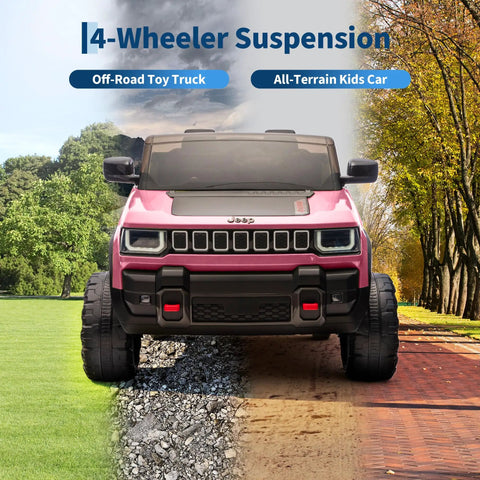 Front view of Licensed 24V Kids Ride On Truck Two Seater with rugged tires, showcasing 4-wheeler suspension on mixed terrain.