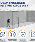 Illustration of Batting Cage Net 35x12x12 Ft With 2 In 1 Movable Inner Net for safe practice indoors or outdoors.