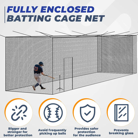 Illustration of Batting Cage Net 35x12x12 Ft With 2 In 1 Movable Inner Net for safe practice indoors or outdoors.