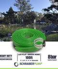 3-Inch By 100-Foot Heavy-Duty Reinforced PVC Lay-Flat Discharge And Backwash Hose For General Purpose Use, shown with clamps, green.