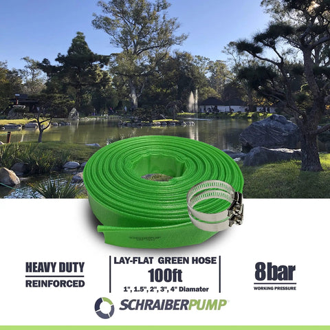 3-Inch By 100-Foot Heavy-Duty Reinforced PVC Lay-Flat Discharge And Backwash Hose For General Purpose Use, shown with clamps, green.