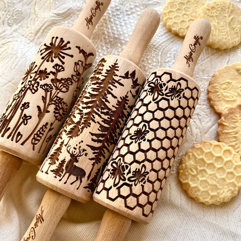 Mini Embossed Rolling Pin Set Of 3 With Bees, Meadow And Forest Patterns For Cookies, Play Dough And Clay, Kid Friendly Craft Kit