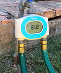 Two Zone Hose Timer For Garden And Lawn With LCD Display And Rain Delay Dual Outlet Sprinkler Controller mounted on faucet