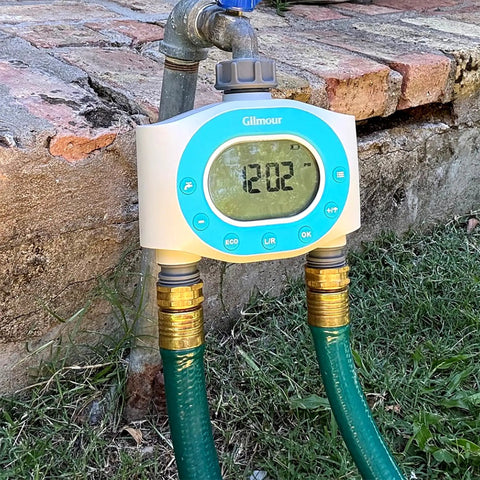 Two Zone Hose Timer For Garden And Lawn With LCD Display And Rain Delay Dual Outlet Sprinkler Controller mounted on faucet