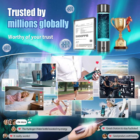 Promotional image showing Game-Changing Hydrogen Water Bottle With Up To 5000 PPB Concentration, Odorless Hydrogen Generator in use.