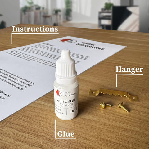 Kumiko DIY Kit With Kakuasa No Ha Pattern includes glue, hanger, and instructions for wall art assembly, 154 wood pieces in basswood, cherry, and black walnut.