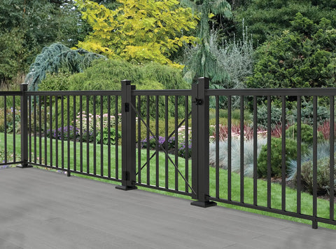 Top Shelf 36 Inch Aluminum Pool Fence Gate Kit With Rugged Hinges And Solid Hardware Slick Matte Black Finish installed in a garden.