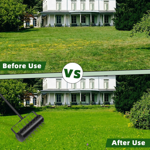 Before and after lawn using Manual 18 Inch Lawn Aerator Tool With 55 Inch Stainless Steel Handle Rolling Lawn Aerator.