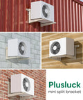Beefed Up Heavy Duty Wall Mount Bracket For 7000 To 12000 BTU Mini Split AC Units Up To 400 Lbs Universal Ductless AC shown on walls