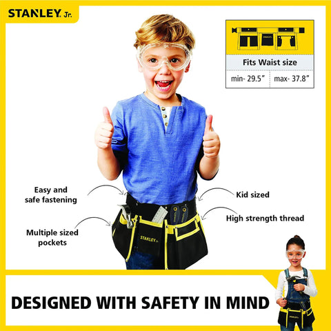 Child wearing Junior Tool Belt Set For Kids Ages 5 And Up With Realistic Play Tools And Tough High Strength Fabric in mixed colors.