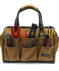Wide Mouth 14 Inch Tool Bag Gear Bag For Plumbers Electricians And DIY Handymen With Heavy Duty 900D Polyester Build Also Great For Daily Office Use Travel Camping And Fishing Tan, with tools visible in front pockets.