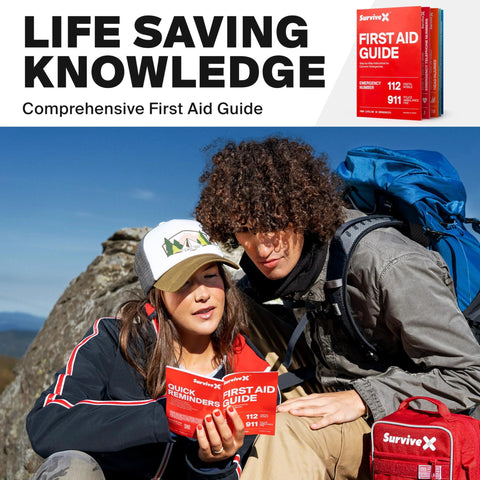 SurviveX small red first aid kit bag with logo beside two hikers outdoors
