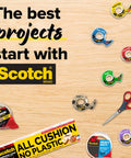 Various Scotch brand tapes and scissors on wooden surface with 'The best projects start with Scotch' text
