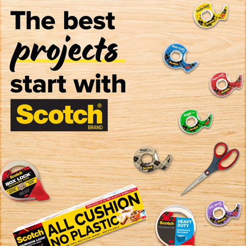 Various Scotch tape rolls and a pair of scissors on wood with the text 'The best projects start with Scotch.'