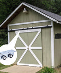 Heavy Duty 4 Wheel Unistrut Trolley Assembly For Barn And Shed Sliding Doors, installed on a barn, showing close-up of the trolley