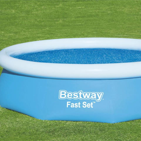 Hella Effective 10 Foot Solar Pool Cover That Locks In Heat And Shields Against Debris over a blue above-ground pool.