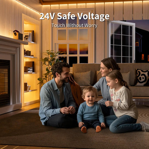 Family enjoying warm living room lighting with LED Strip Light 20ft COB Mega Bright 3087 LEDs Warm White 2700K CRI90 Plus Flexible DC24V Tape