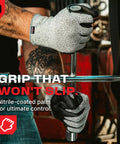 Person wearing Pro Grade Cut Resistant Work Gloves with Nitrile Grip holding a tool, showcasing waterproof palms and reinforced thumb.