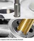 Close-up of M14 x 1.25mm Metric Tap and Die Set for Rethreading Damaged Threads Nut Bolt Repair Kit in use on metal components.
