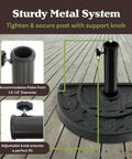 Half Round Umbrella Base 20lb Heavy Duty Freestanding Stand For Outdoor Use Semicircle Resin And Concrete Holder Weatherproof Outdoor Patio Table Compatible Black Durable Umbrella Stand Built Tough For Windy Days, close-up of support knob and pole holder on wooden deck.