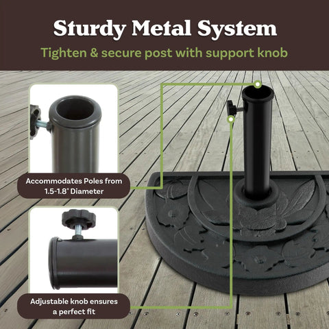 Half Round Umbrella Base 20lb Heavy Duty Freestanding Stand For Outdoor Use Semicircle Resin And Concrete Holder Weatherproof Outdoor Patio Table Compatible Black Durable Umbrella Stand Built Tough For Windy Days, close-up of support knob and pole holder on wooden deck.