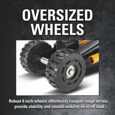 Heavy Duty 2 Ton Cat Wheelie Off-Road Trolley Jack With Massive 4-Inch Oversized Wheels, showcasing robust 4-inch wheels for rugged terrain.