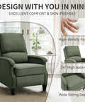 Green Fabric Recliner Chair With Soft Armrests, Adjustable Push Back, And Lumbar Support showing high-density foam and backrest features.