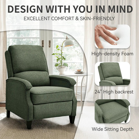 Green Fabric Recliner Chair With Soft Armrests, Adjustable Push Back, And Lumbar Support showing high-density foam and backrest features.