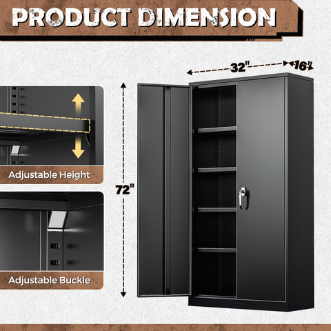 Heavy Duty Metal Storage Cabinet With Adjustable Shelves For Garage Home Office Kitchen Pantry And File Storage Lockable Doors Built Tough In Solid Steel 72 Inches Tall Black showing dimensions and features