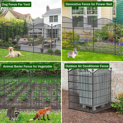 Tall 40 Inch High Outdoor Decorative Garden Fence With Gate, 23.6 Foot Long No Dig Dog Fence shown in various settings.
