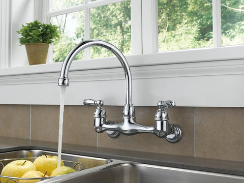 Two-Handle Wall Mount Kitchen Sink Faucet In Chrome With High Arc Spout Easy Install For 2-Hole 7 To 9 Inch Center Hole Spacing Durable Chrome Finish Fits 2-Hole Config Lifetime Limited Warranty Modern Kitchen Upgrade