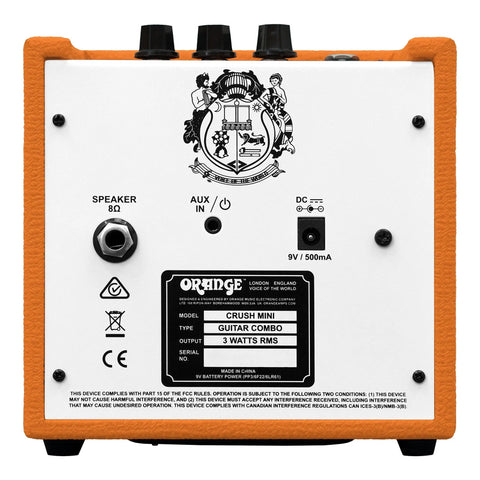 Back view of Crush Mini 3 Watt Guitar Amp Combo with Volume Shape and Gain Controls, featuring AUX in, speaker out, and power input.