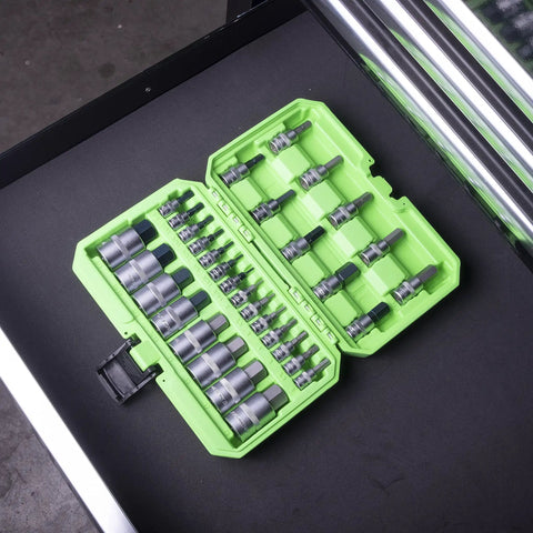 32 Piece Hex Bit Socket Set With SAE And Metric Sizes For Quarter Inch, Three Eighth Inch, And Half Inch Drive in green case