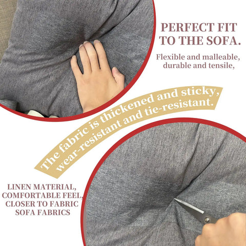 Dark Gray Self Adhesive Linen Repair Tape For Couch Sofa Patch No Sweat Diy Fix Flexible Cut Furniture Cover Strip For Chairs Cushions Bags 4 By 70 Inches shown on a sofa, highlighting its thick and sticky fabric.