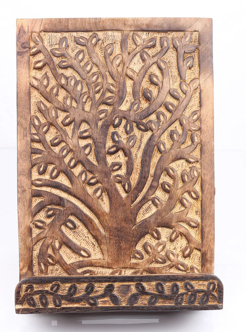 Hand Carved Tree Of Life Cookbook Stand With Adjustable Foldable Reading Holder For Kitchen Office Or Desk Totally Eco Friendly Mango Wood Made In India Gift For Home Chefs And Book Lovers