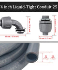 Image of Liquid Tight PVC Conduit Kit 3 Quarter Inch 25 Feet With 4 Straight And 3 90 Degree Connectors, dimensions shown.