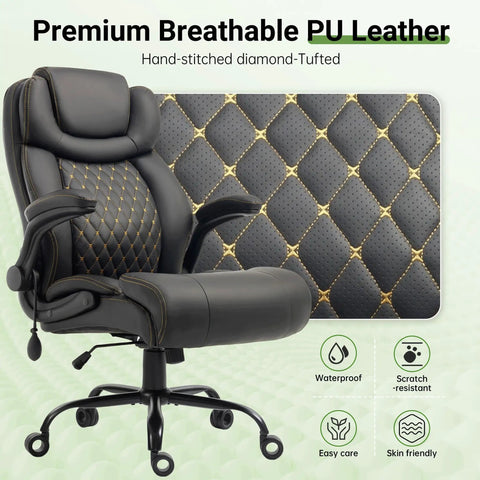 Big And Tall Office Chair With Lumbar Support For Back Pain, Breathable PU Seat, diamond-tufted design, black color