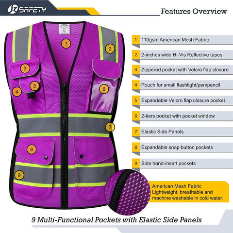 Nine Pocket Women Hi Vis Reflective Safety Vest With Mesh Neon Purple Fabric Yellow Extended Trim And Reflective Strips ANSI Compliant Large Size Flattering Side Panels For a Sleek Fit