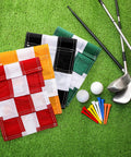 Four Pack Mini Golf Flags Set With Tube Inserts For Backyard Putting Green Practice, fade-resistant 420D nylon flags on grass.