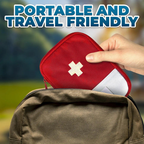 Hand placing red Two Pack Grab And Go Travel First Aid Bag Set With Zippered Compartments into a backpack, outdoor setting